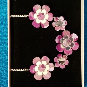 One Of A Kind Purple and Silver Floral Necklace. Acrylic. New In Box.